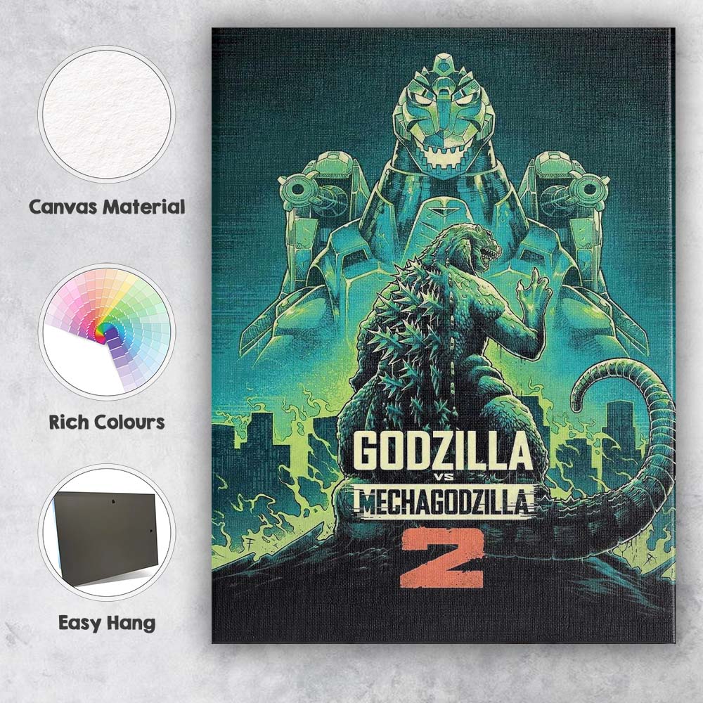 Godzilla And Mechagodzilla Retro Sci Fi Monster Battle Artwork Canvas Wall Art Print Decor Picture Ready to Hang