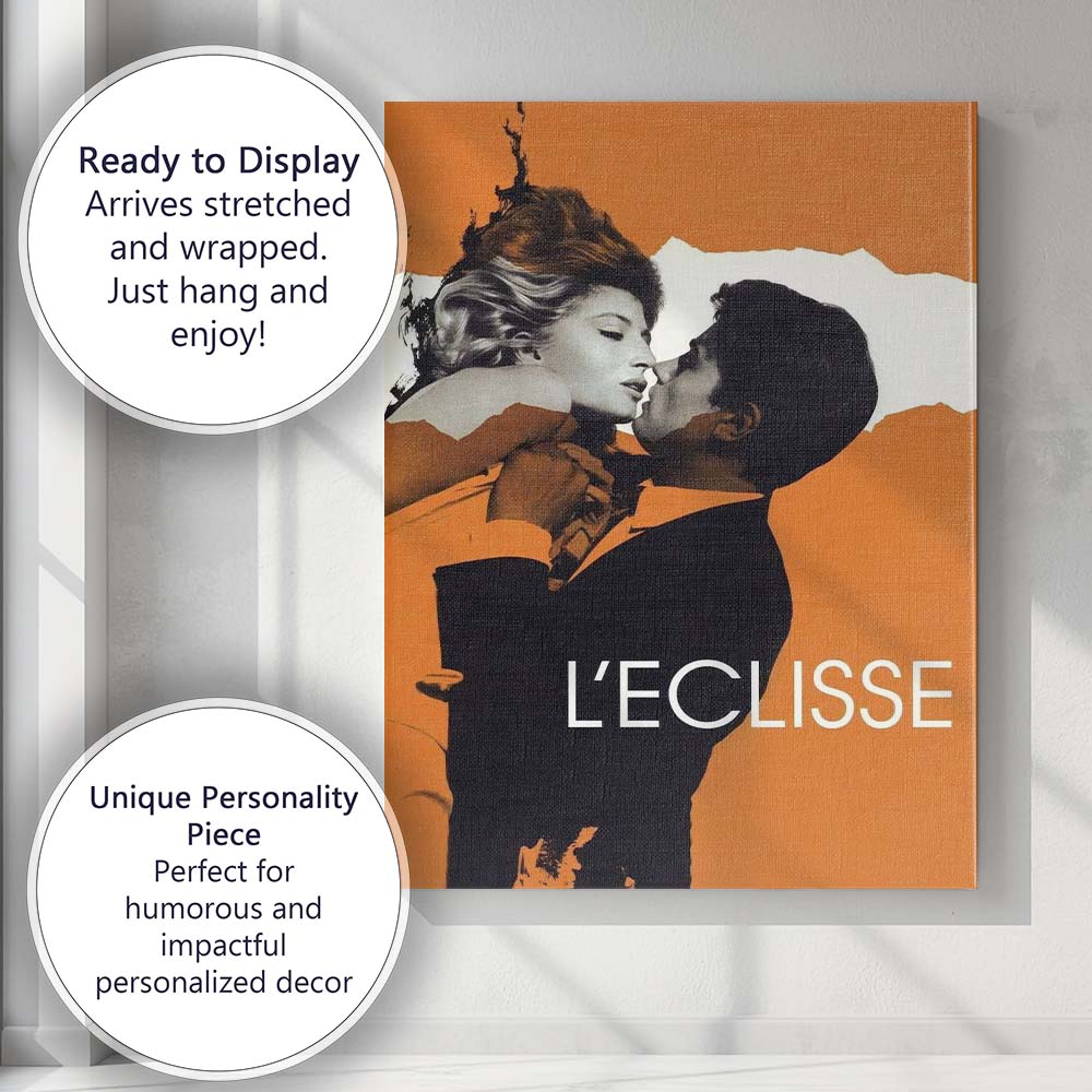 Retro Romantic Embrace Orange and Black Mid Century Film Style Canvas Wall Art Print Decor Picture Ready to Hang