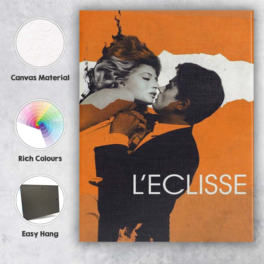 Retro Romantic Embrace Orange and Black Mid Century Film Style Canvas Wall Art Print Decor Picture Ready to Hang