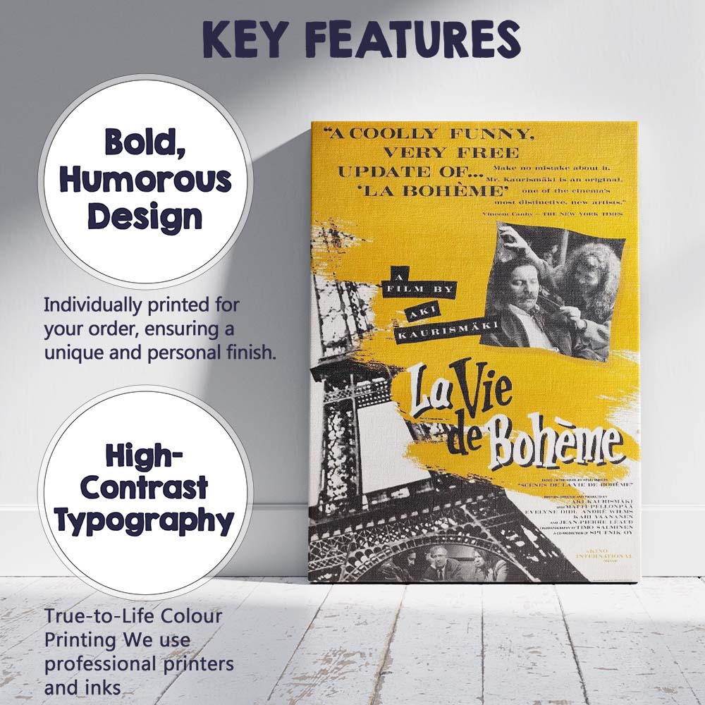 Bold Yellow French Bohemian Cinema Collage Retro Eiffel Tower Graphic Canvas Wall Art Print Decor Picture Ready to Hang