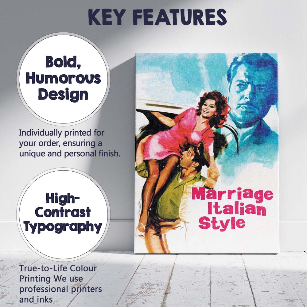 Italian Romantic Comedy Colourful Retro Illustration Couple Portrait Canvas Wall Art Print Decor Picture Ready to Hang