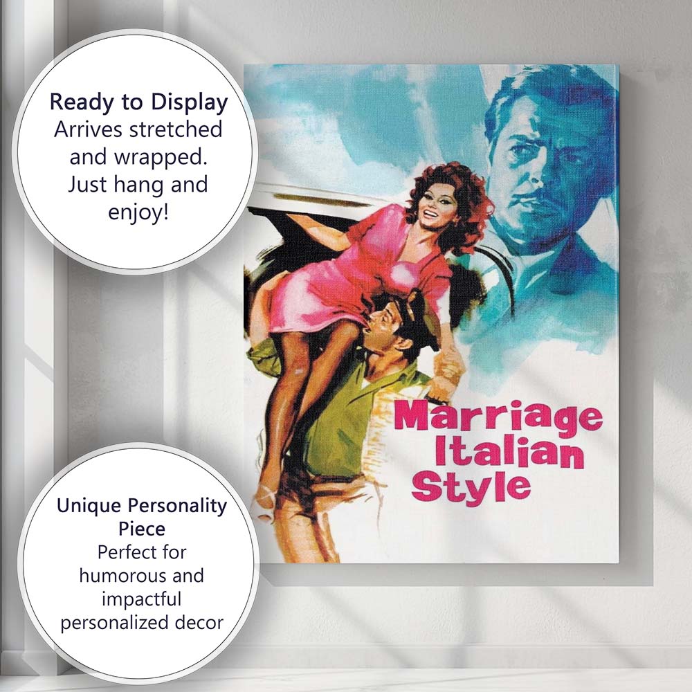 Italian Romantic Comedy Colourful Retro Illustration Couple Portrait Canvas Wall Art Print Decor Picture Ready to Hang
