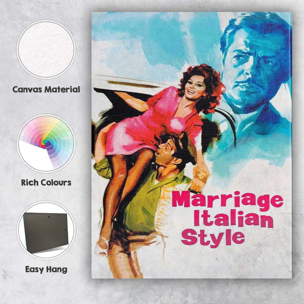 Italian Romantic Comedy Colourful Retro Illustration Couple Portrait Canvas Wall Art Print Decor Picture Ready to Hang