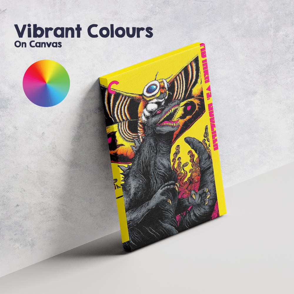 Vibrant Pop Art Mothra Versus Godzilla Kaiju Monster Yellow Graphic Illustration Canvas Wall Art Print Decor Picture Ready to Hang