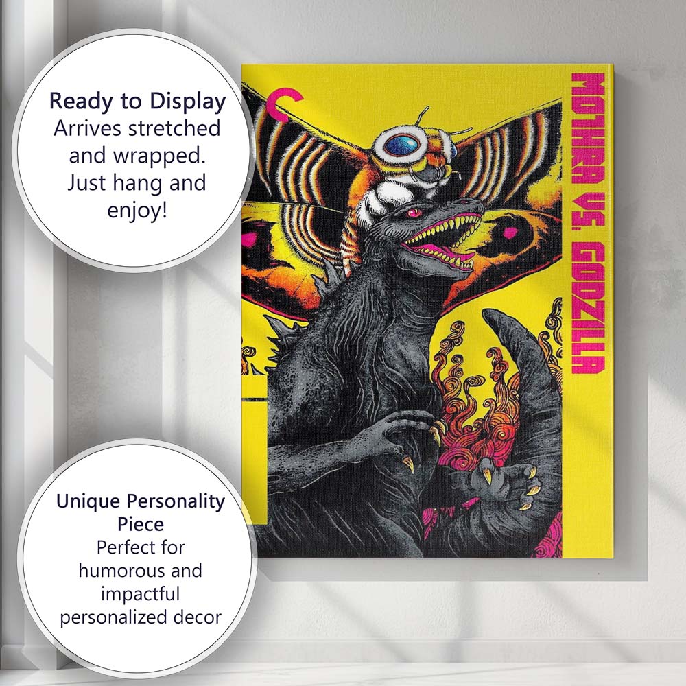 Vibrant Pop Art Mothra Versus Godzilla Kaiju Monster Yellow Graphic Illustration Canvas Wall Art Print Decor Picture Ready to Hang