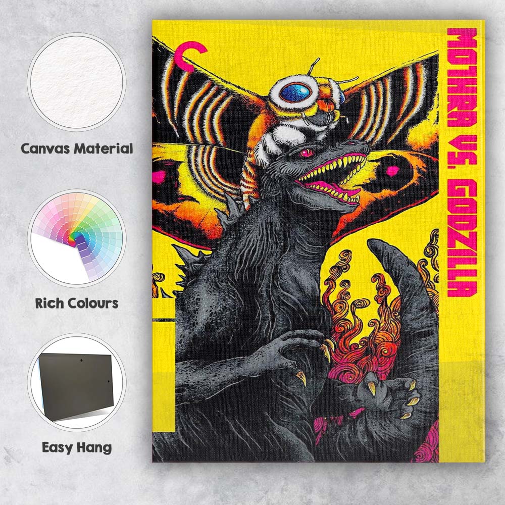 Vibrant Pop Art Mothra Versus Godzilla Kaiju Monster Yellow Graphic Illustration Canvas Wall Art Print Decor Picture Ready to Hang