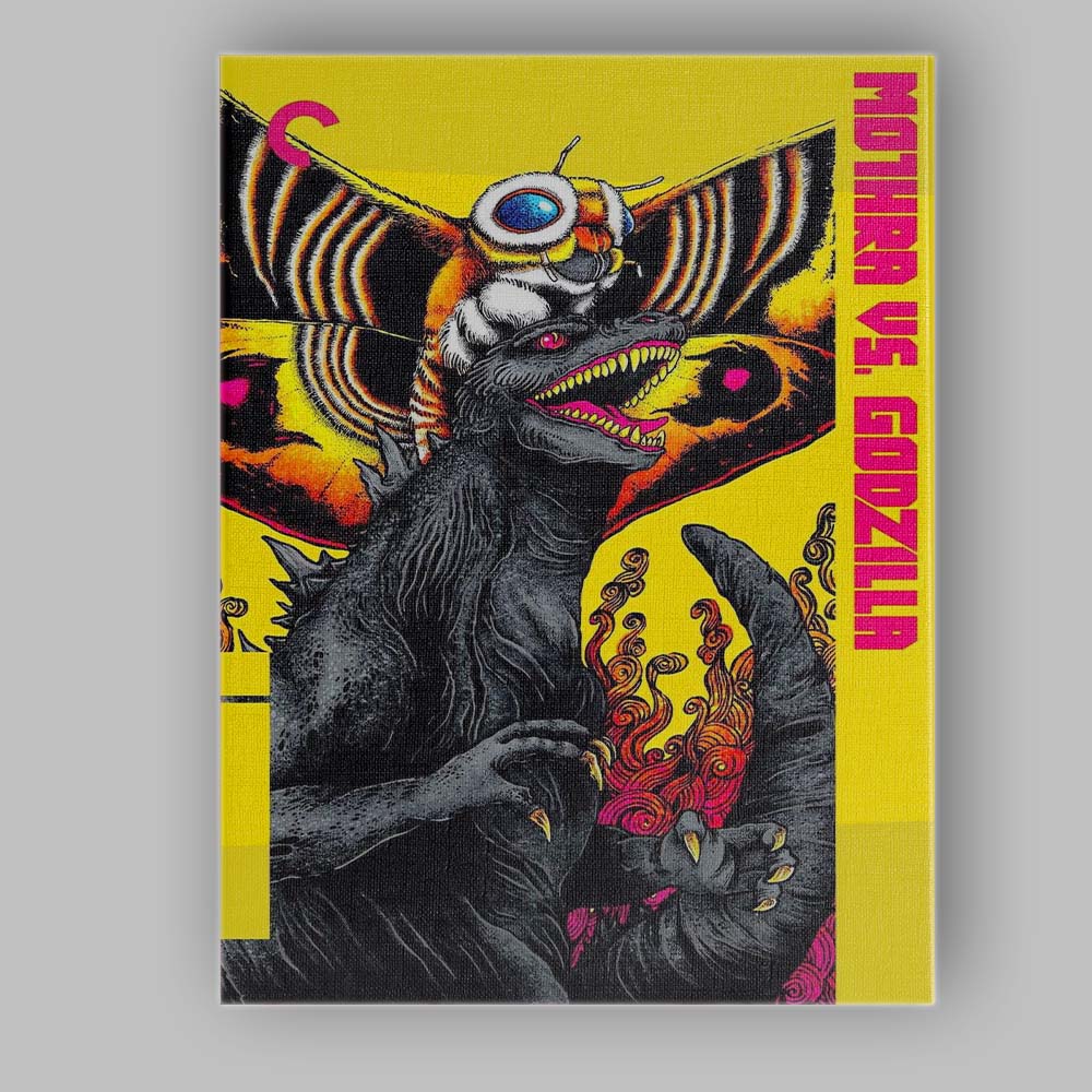 Vibrant Pop Art Mothra Versus Godzilla Kaiju Monster Yellow Graphic Illustration Canvas Wall Art Print Decor Picture Ready to Hang
