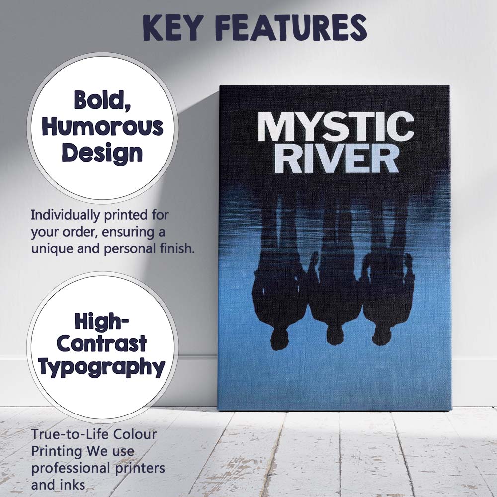 Mystic River Reflections Dark Blue Minimalist Cinematic Typography Canvas Wall Art Print Decor Picture Ready to Hang