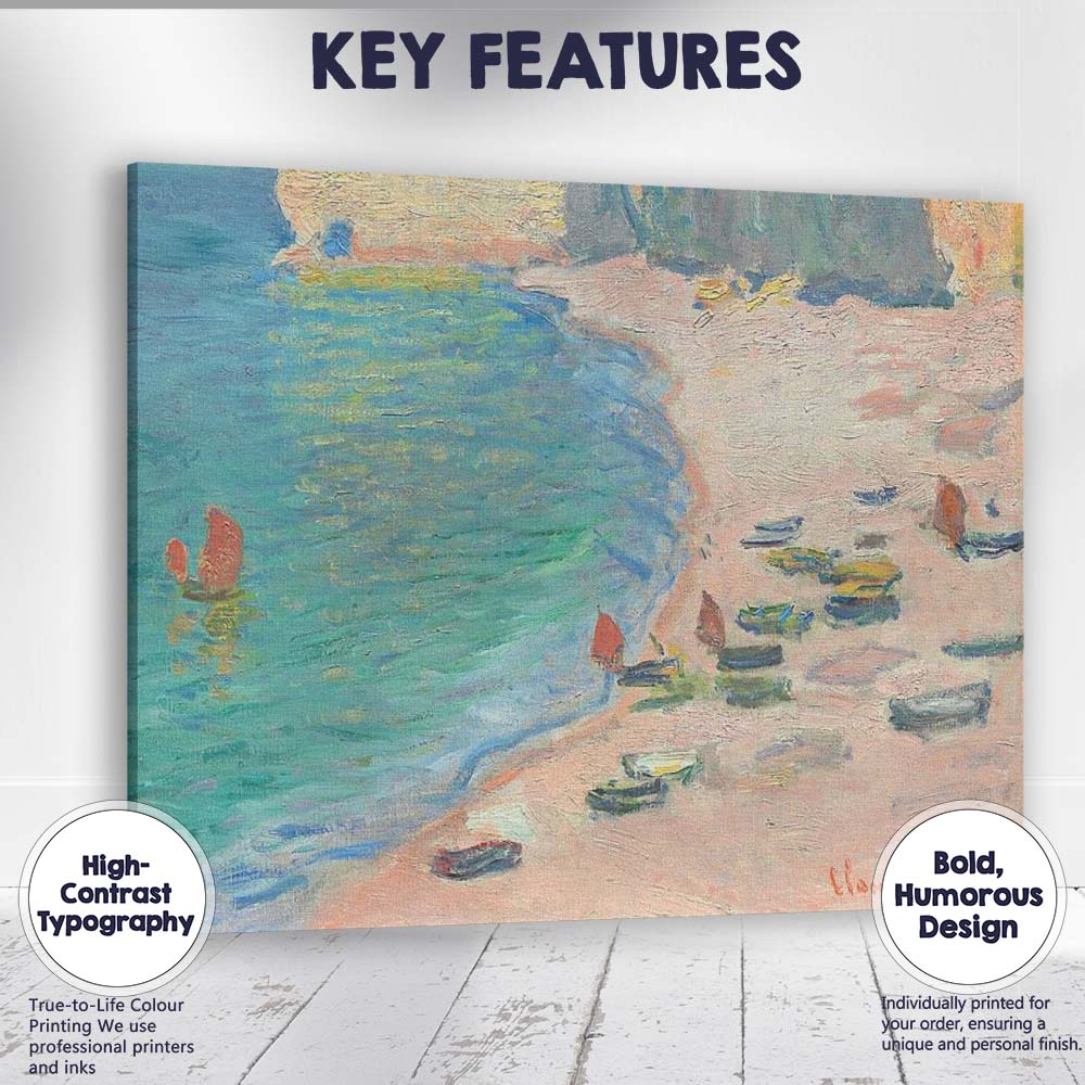 Impressionist Coastal Beach Boats and Cliffs Seascape Painting Canvas Wall Art Print Decor Picture Ready to Hang