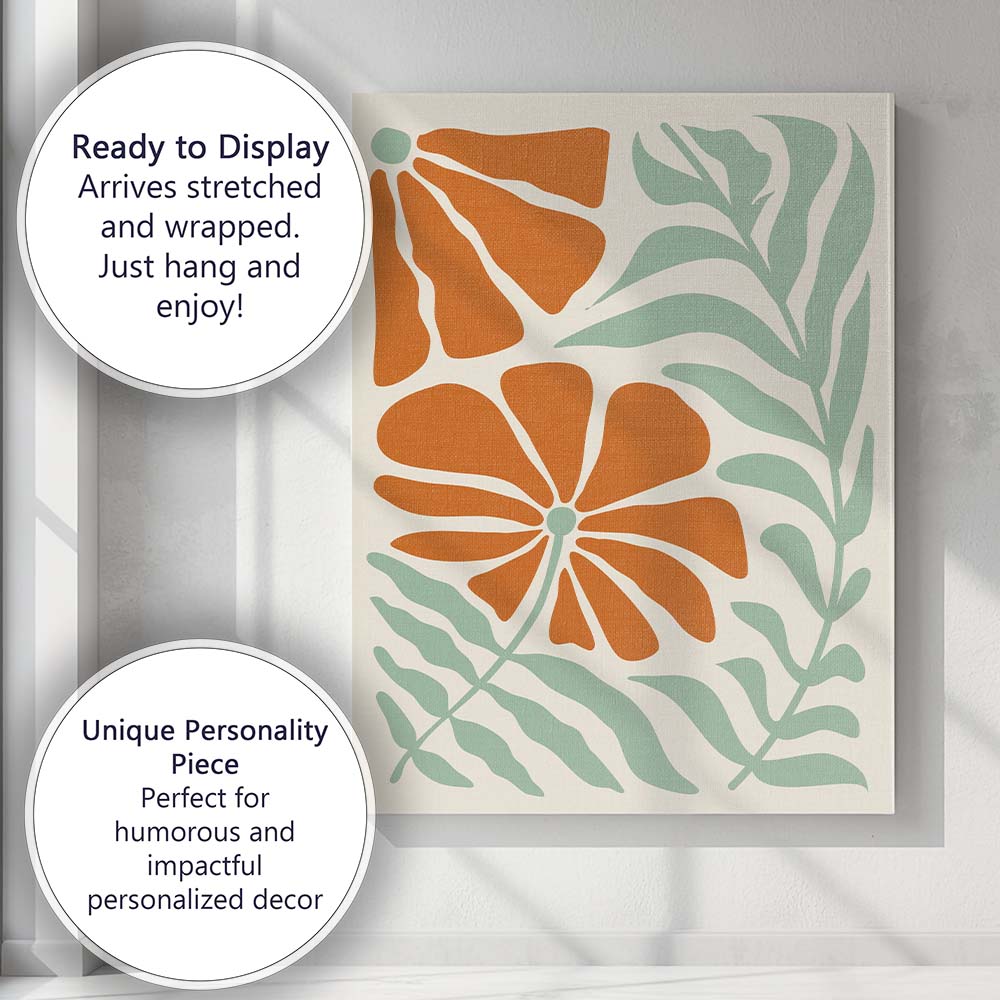 Terracotta Flower and Sage Green Leaves Retro Botanical Design Canvas Wall Art Print Decor Picture Ready to Hang