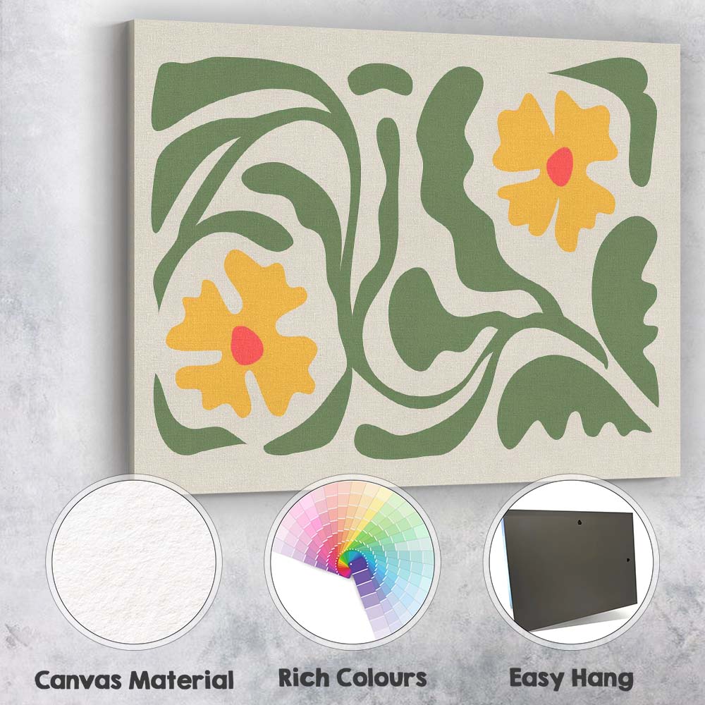 Olive Green Floral Garden Folk Art Bloom Design Canvas Wall Art Print Decor Picture Ready to Hang
