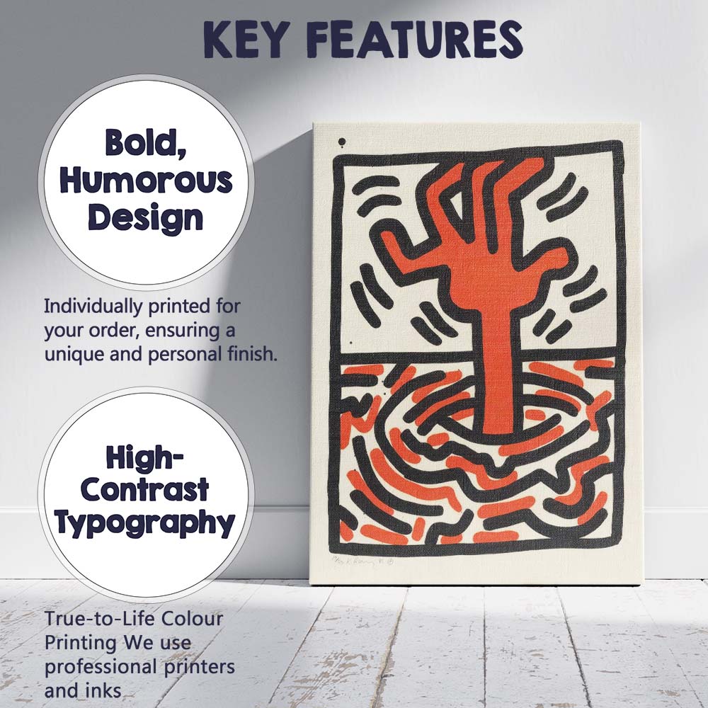 Keith Haring Inspired Red Hand Over Water Abstract Pop Art Canvas Wall Art Print Decor Picture Ready to Hang