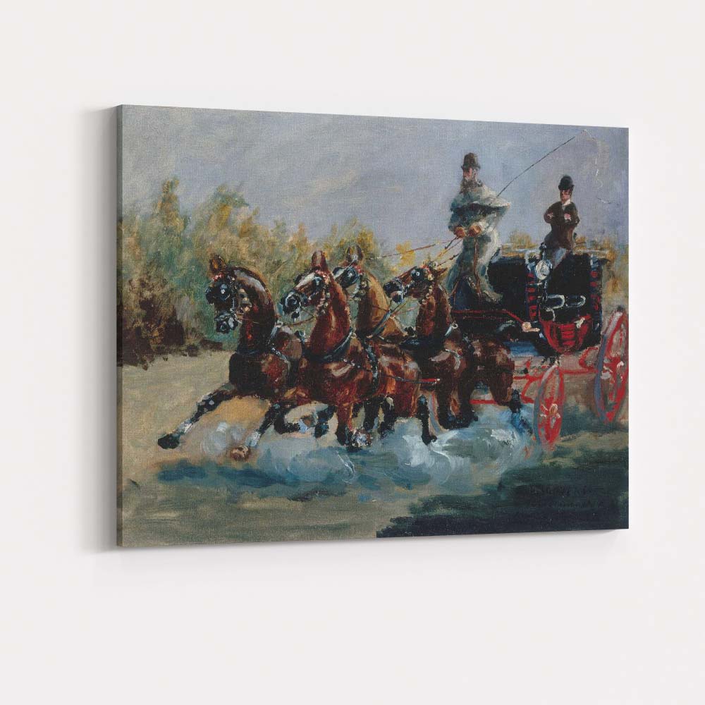 Impressionist Horse Drawn Carriage Racing Scene Rustic Countryside Brown Blue Canvas Wall Art Print Decor Picture Ready to Hang