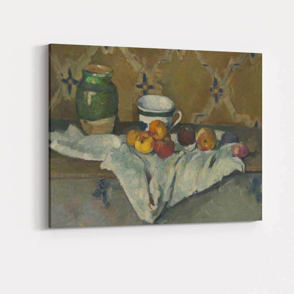 Green Pot and Apples on White Cloth Rustic Still Life Oil Painting Canvas Wall Art Print Decor Picture Ready to Hang