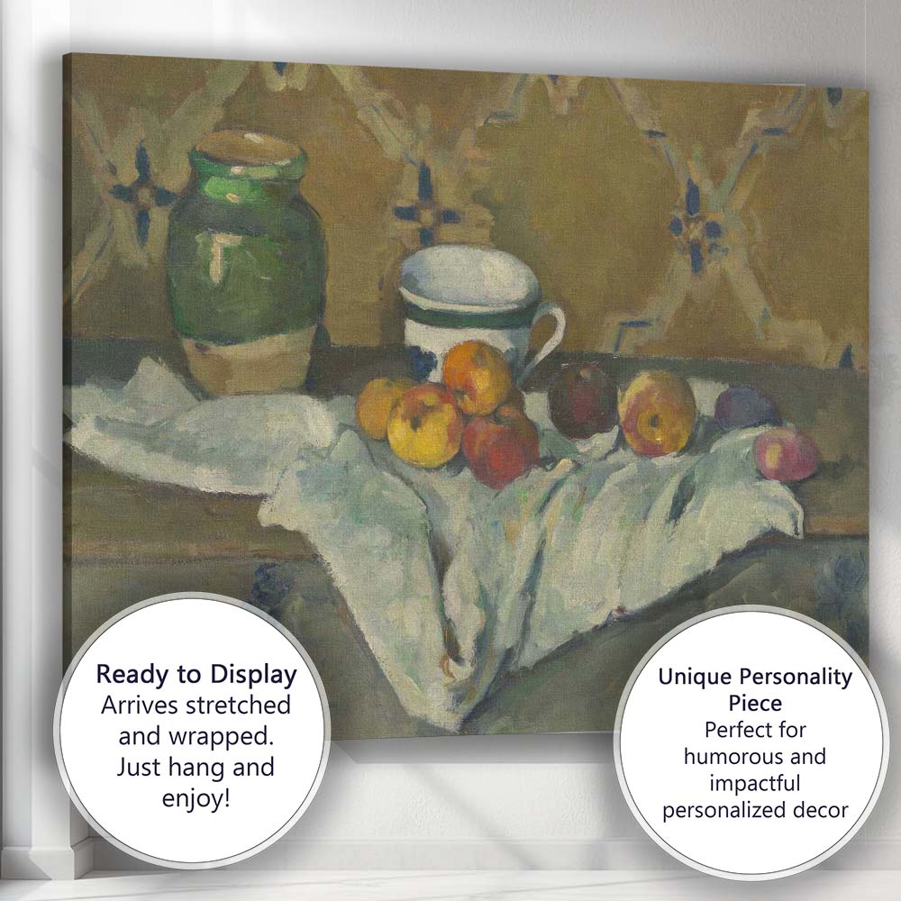 Green Pot and Apples on White Cloth Rustic Still Life Oil Painting Canvas Wall Art Print Decor Picture Ready to Hang