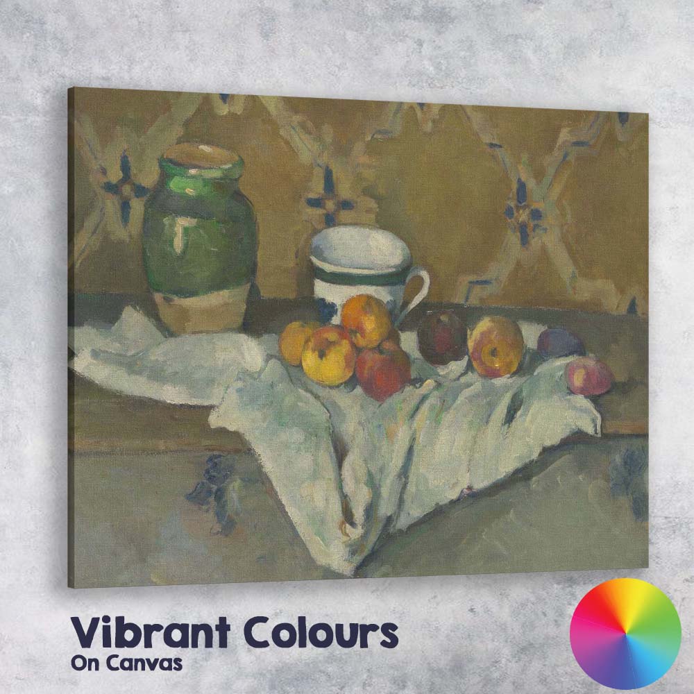 Green Pot and Apples on White Cloth Rustic Still Life Oil Painting Canvas Wall Art Print Decor Picture Ready to Hang