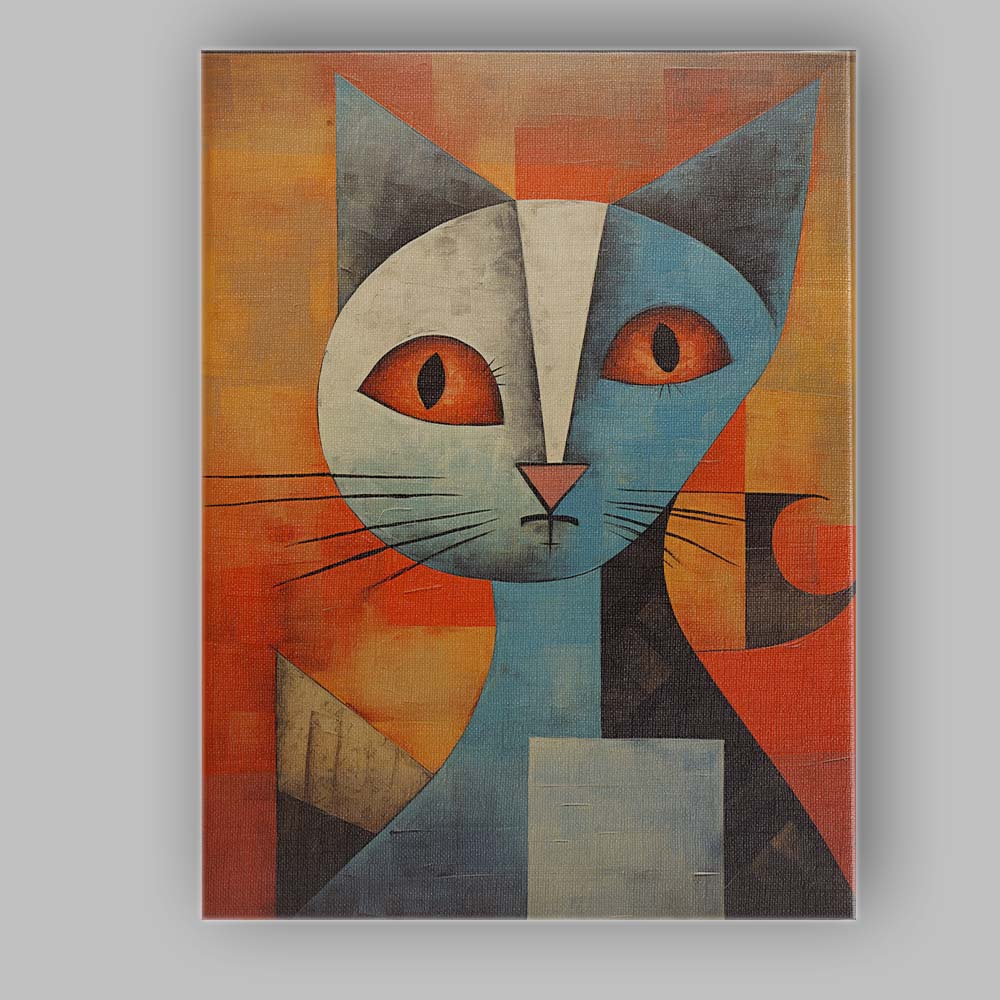Geometric Blue Cat Portrait Abstract Modern Animal Artwork Canvas Wall Art Print Decor Picture Ready to Hang