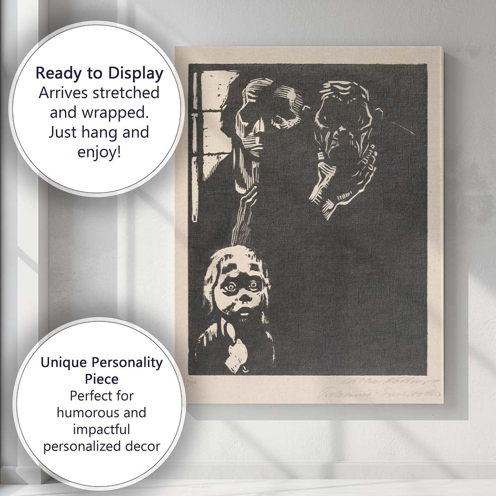 Black White Expressionist Child Silhouette Woodcut Style Artwork Canvas Wall Art Print Decor Picture Ready to Hang