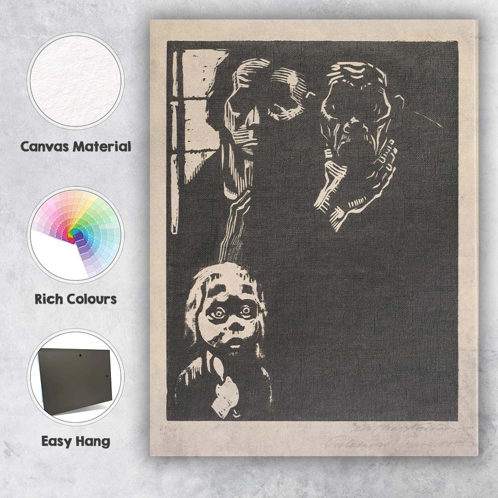 Black White Expressionist Child Silhouette Woodcut Style Artwork Canvas Wall Art Print Decor Picture Ready to Hang
