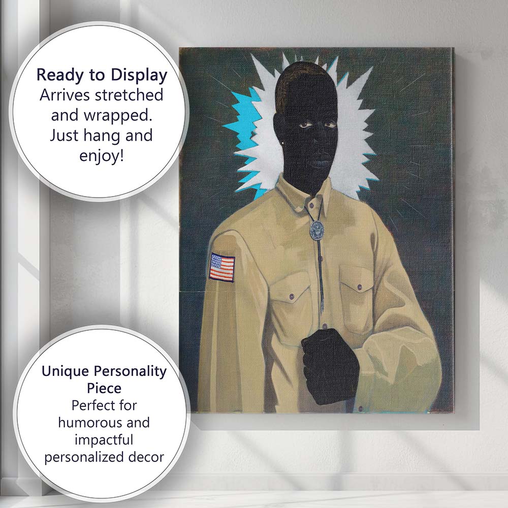 Contemporary Black Portrait With Radiant Halo And Symbolic Americana Canvas Wall Art Print Decor Picture Ready to Hang