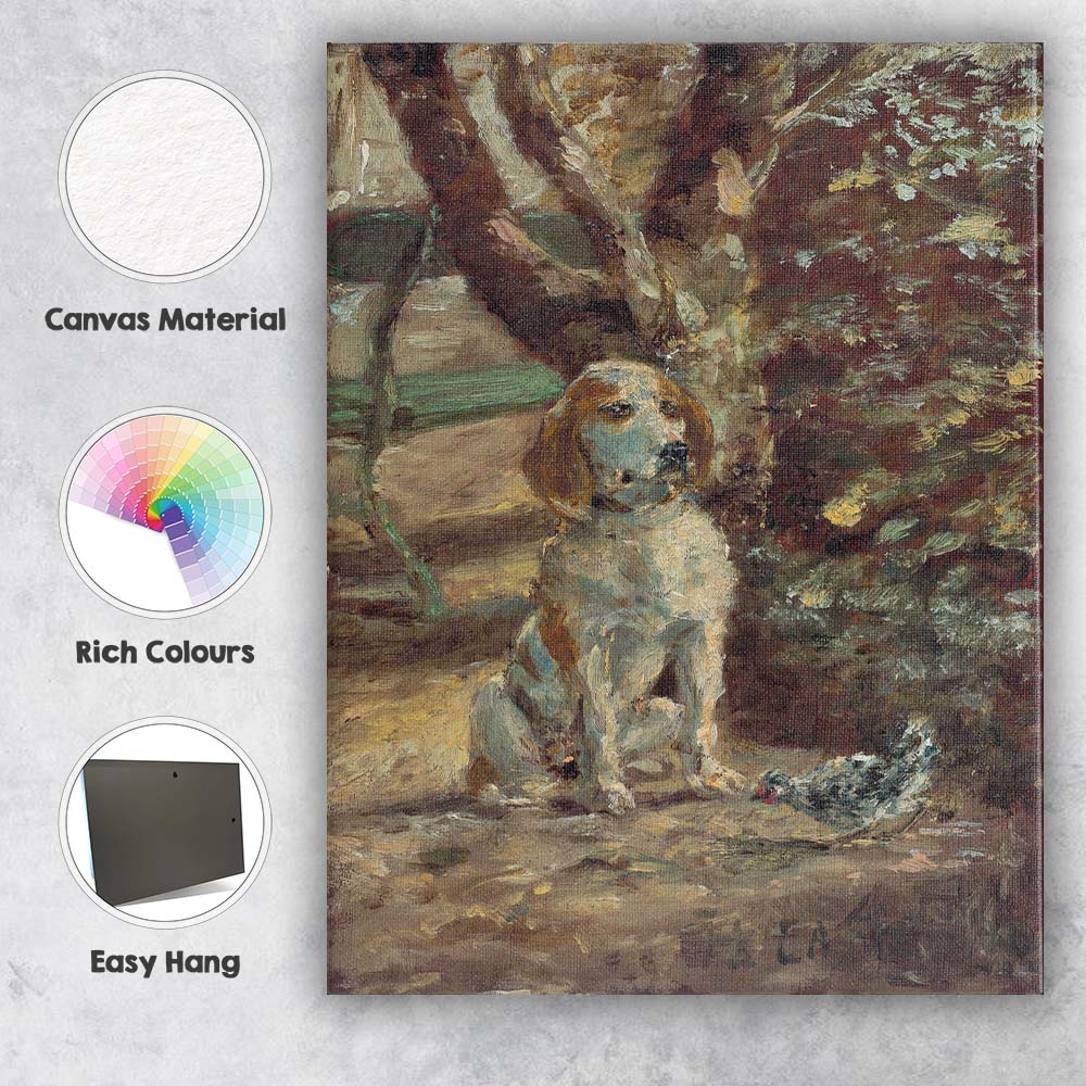 Impressionist Hound Dog and Bird Garden Scene Canvas Wall Art Print Decor Picture Ready to Hang