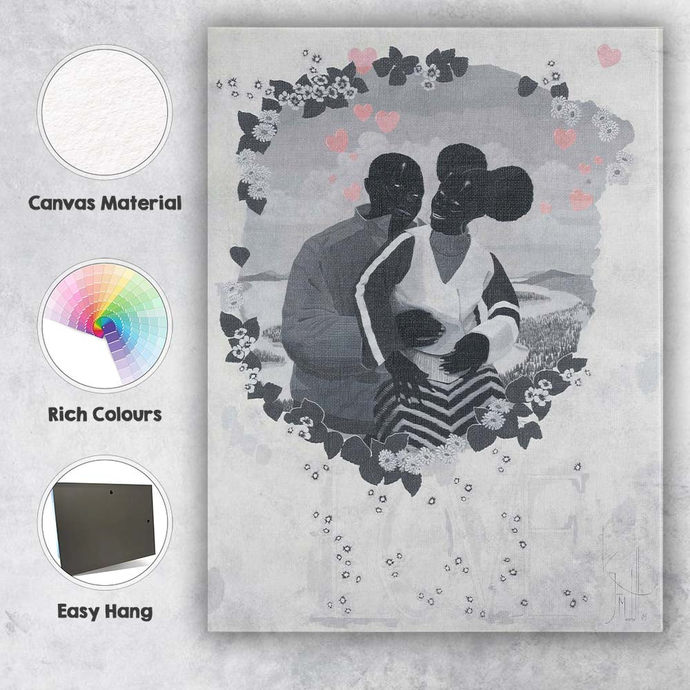 Romantic Couple Embrace Floral Heart Wreath Contemporary Artwork Canvas Wall Art Print Decor Picture Ready to Hang