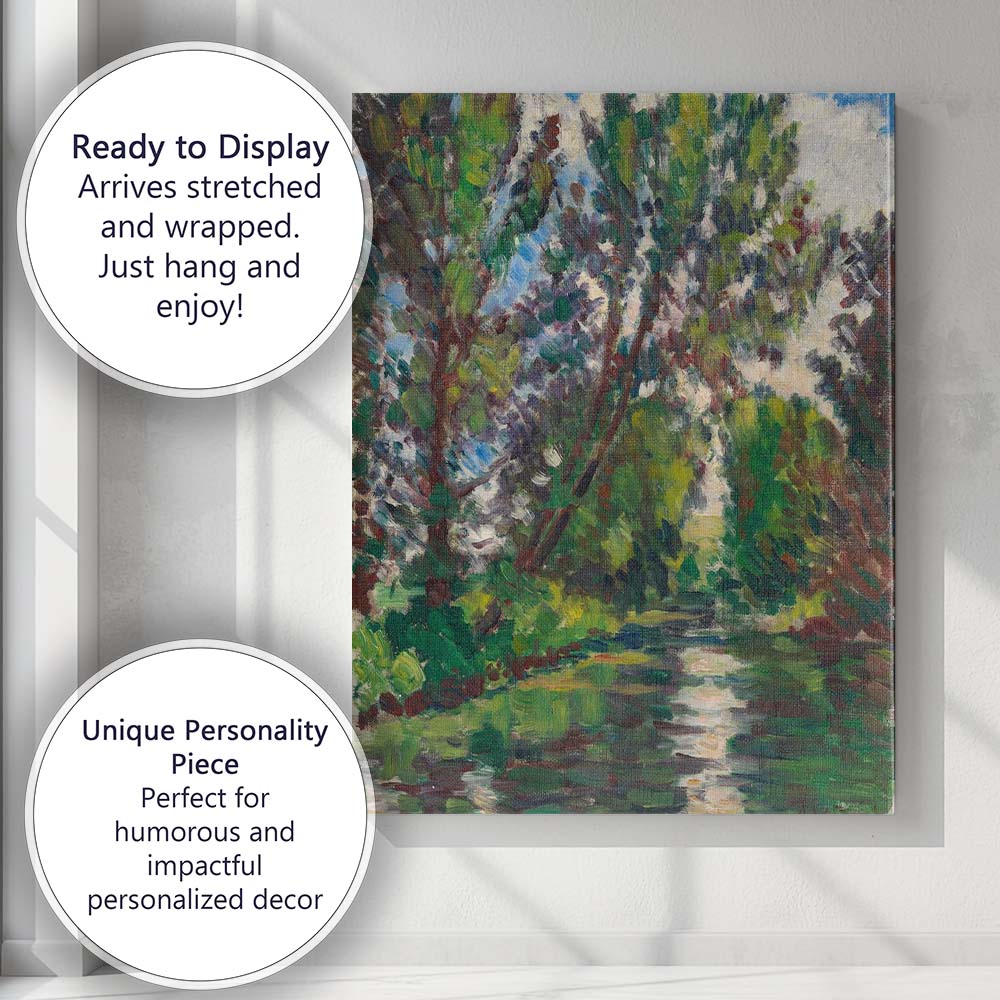Impressionist Woodland Pond Reflections Green Nature Painting Canvas Wall Art Print Decor Picture Ready to Hang
