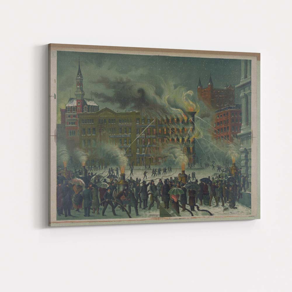 Historic City Fire Rescue Scene Victorian Urban Illustration Canvas Wall Art Print Decor Picture Ready to Hang