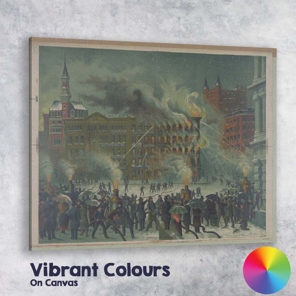 Historic City Fire Rescue Scene Victorian Urban Illustration Canvas Wall Art Print Decor Picture Ready to Hang