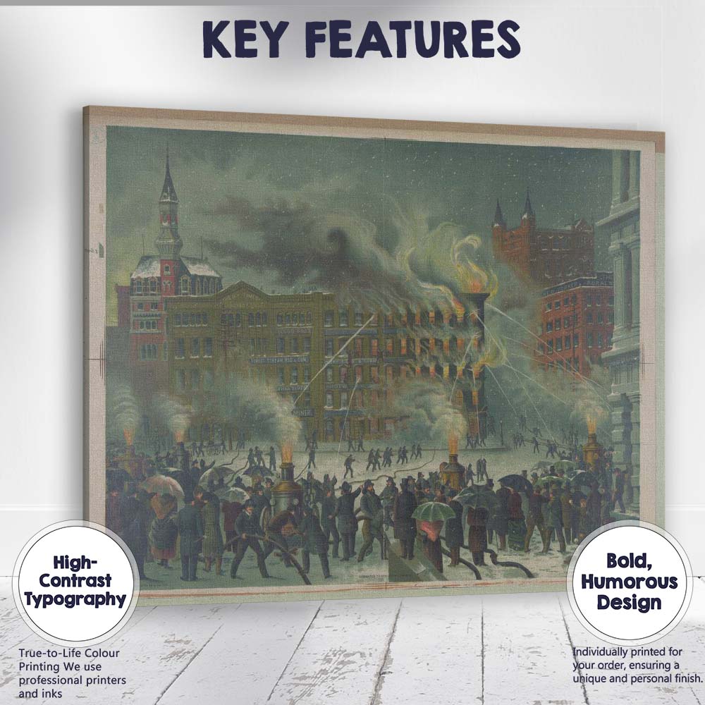 Historic City Fire Rescue Scene Victorian Urban Illustration Canvas Wall Art Print Decor Picture Ready to Hang