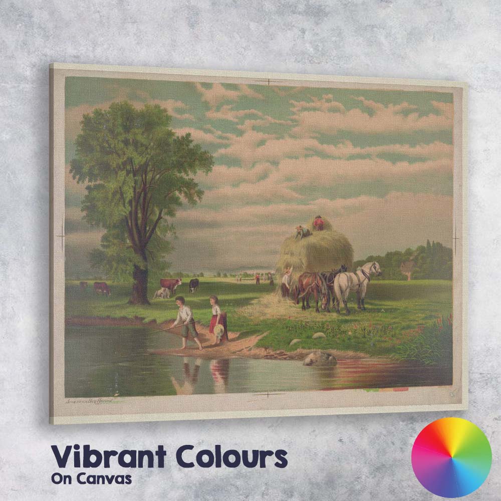 Pastoral Hay Harvest Countryside Farm Lake Scene Canvas Wall Art Print Decor Picture Ready to Hang
