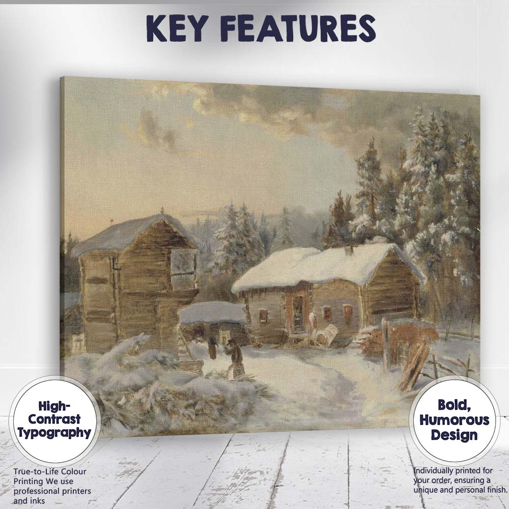 Snow Covered Woodland Cabin Rustic Winter Landscape Painting Canvas Wall Art Print Decor Picture Ready to Hang