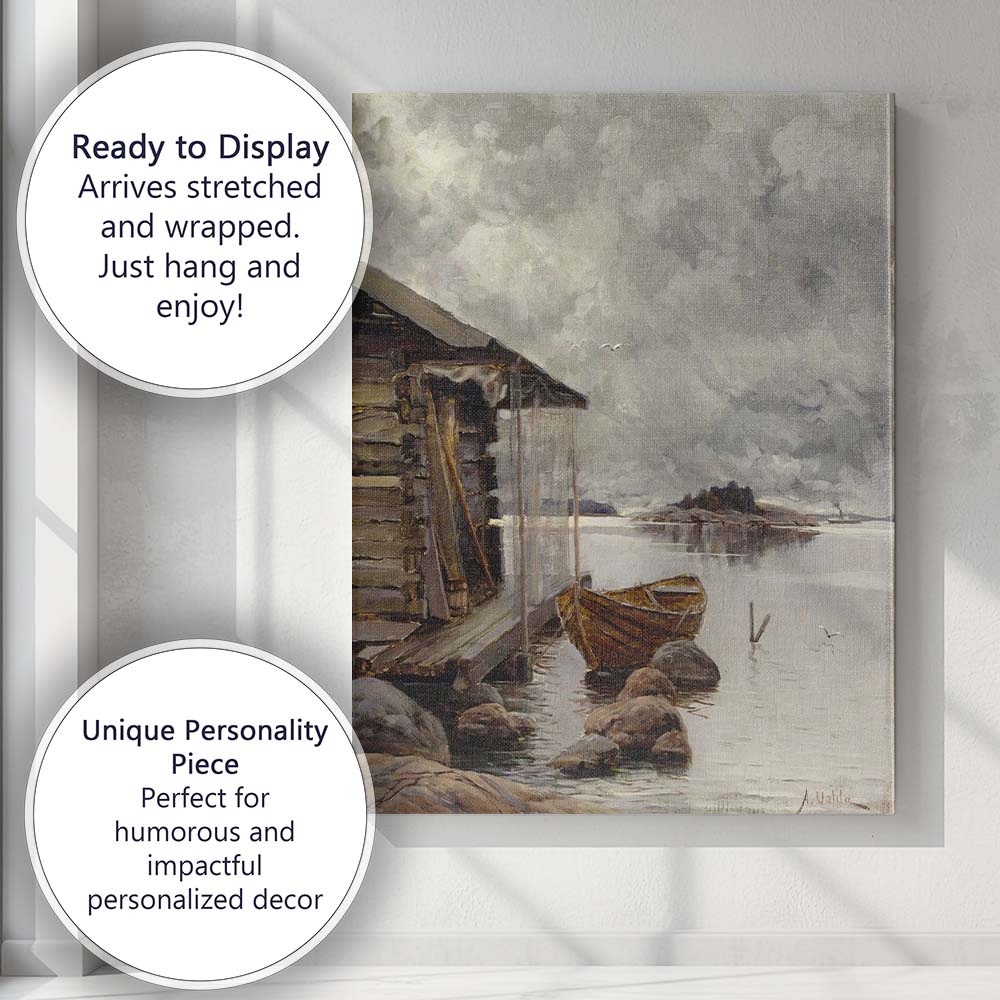 Scandinavian Lakeside Boathouse Wooden Rowboat Coastal Landscape Canvas Wall Art Print Decor Picture Ready to Hang
