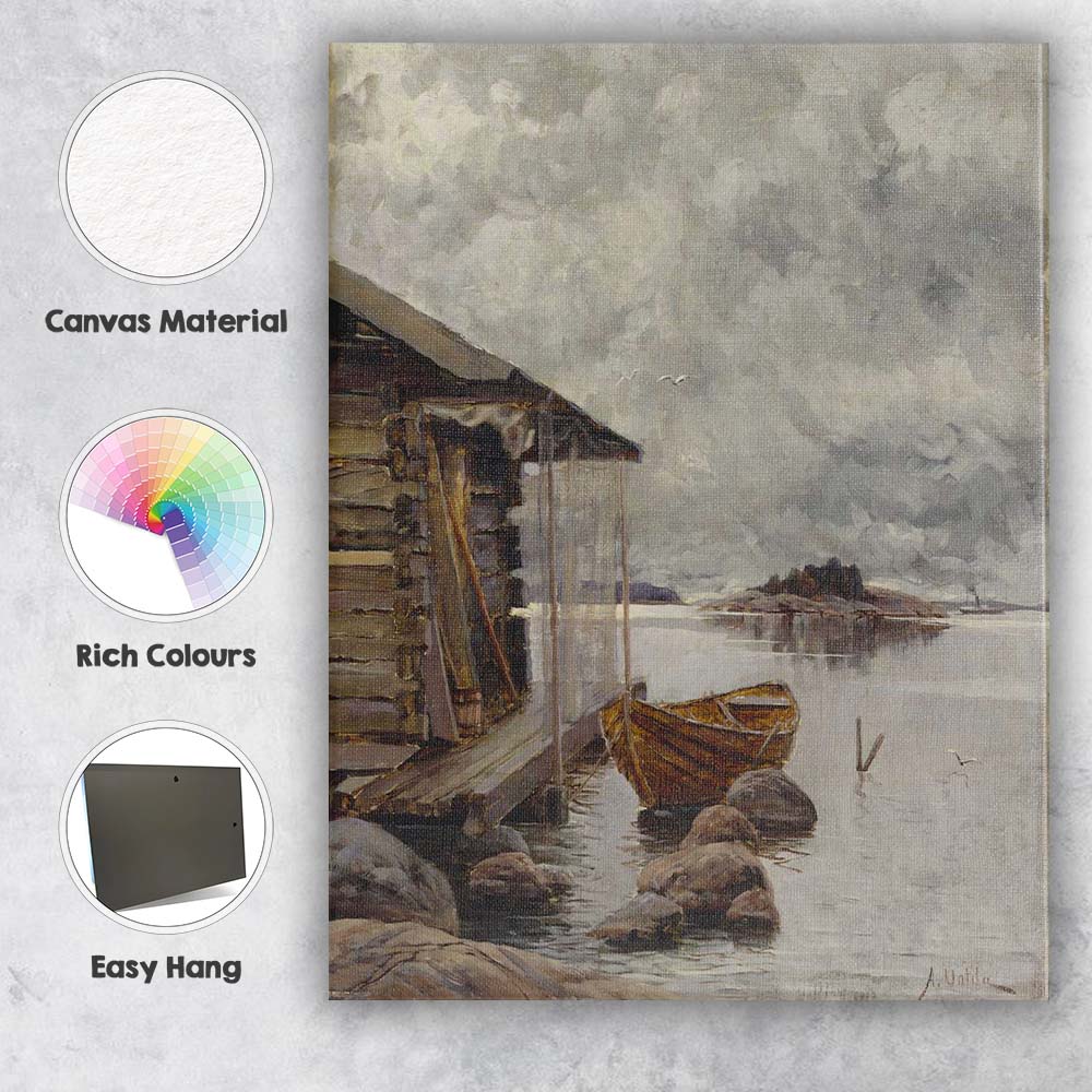 Scandinavian Lakeside Boathouse Wooden Rowboat Coastal Landscape Canvas Wall Art Print Decor Picture Ready to Hang