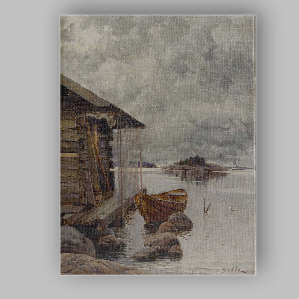 Scandinavian Lakeside Boathouse Wooden Rowboat Coastal Landscape Canvas Wall Art Print Decor Picture Ready to Hang