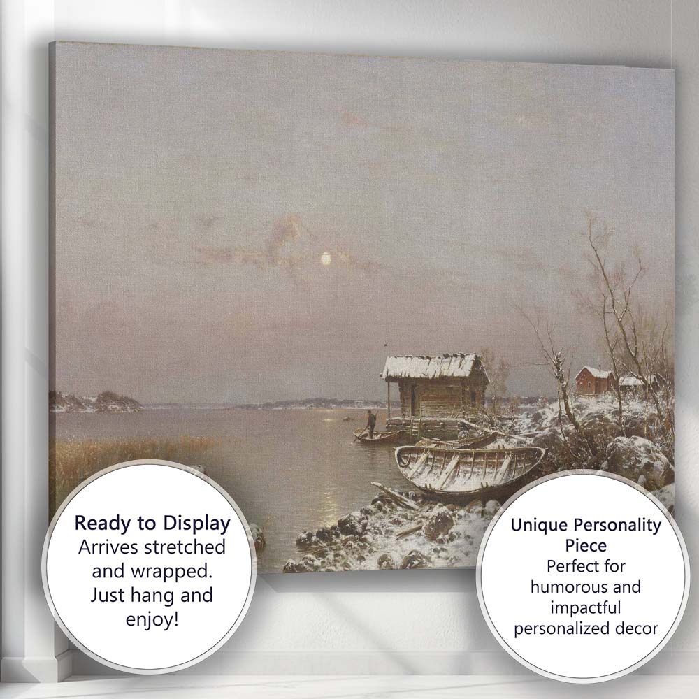 Moonlit Winter Lakeshore Fishing Hut Snowy Waterside Scene Canvas Wall Art Print Decor Picture Ready to Hang