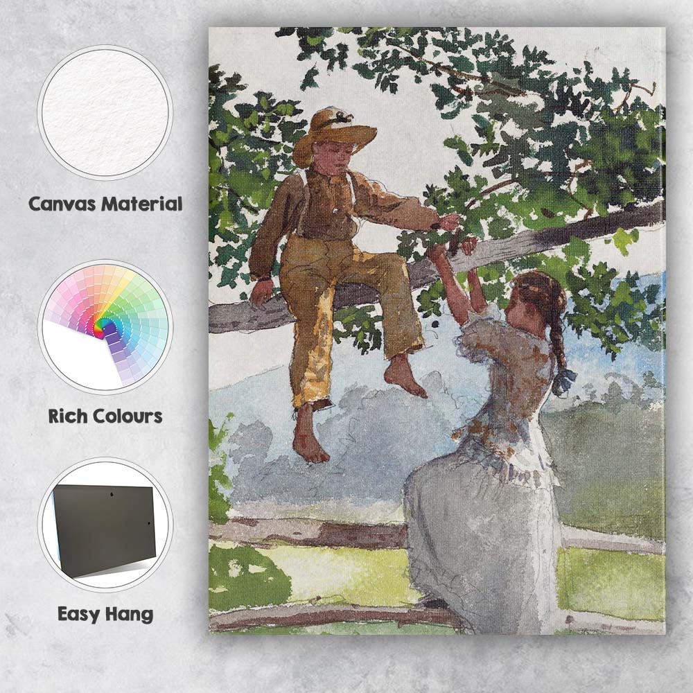 Watercolour Country Children Climbing Tree Rural Summer Scene Canvas Wall Art Print Decor Picture Ready to Hang