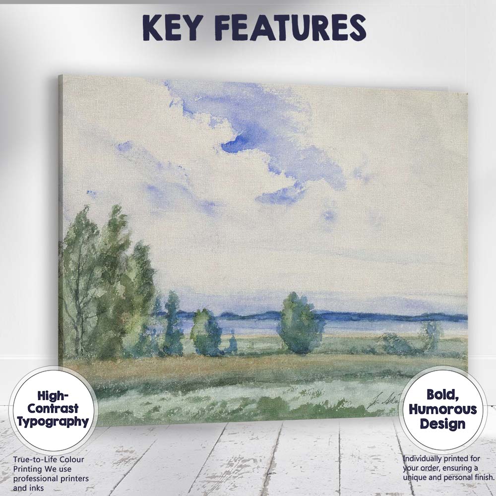 Soft Blue Watercolour Lakeside Meadow Horizon Landscape Canvas Wall Art Print Decor Picture Ready to Hang