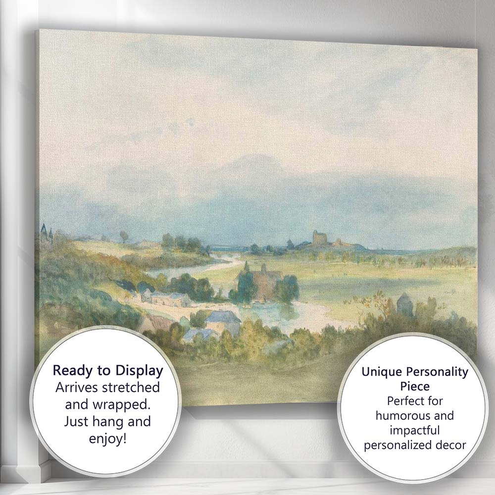 Soft Pastel River Valley Countryside Watercolour Landscape Painting Canvas Wall Art Print Decor Picture Ready to Hang