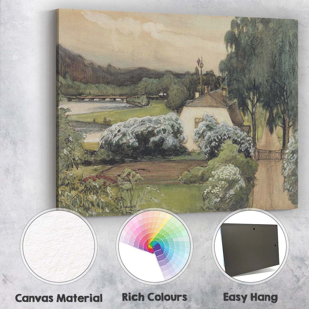 Elegant Garden Estate Riverside Path Watercolour Landscape Canvas Wall Art Print Decor Picture Ready to Hang