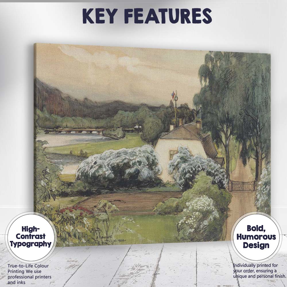 Elegant Garden Estate Riverside Path Watercolour Landscape Canvas Wall Art Print Decor Picture Ready to Hang