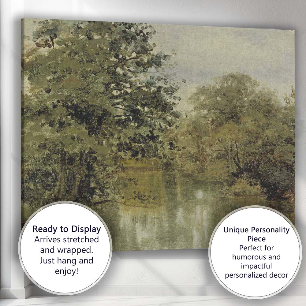 Serene Woodland Lake Reflection Tonalist Nature Painting Canvas Wall Art Print Decor Picture Ready to Hang