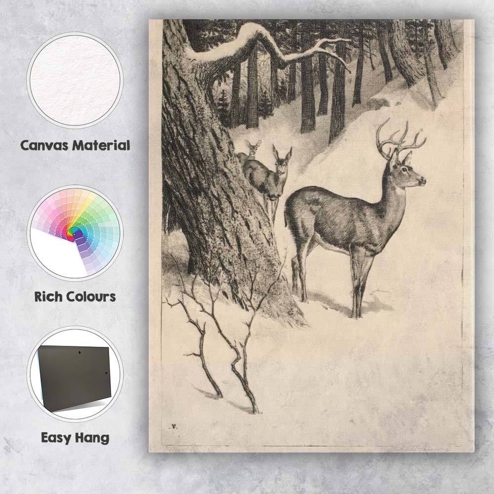 Winter Forest Deer Family Monochrome Wildlife Etching Canvas Wall Art Print Decor Picture Ready to Hang