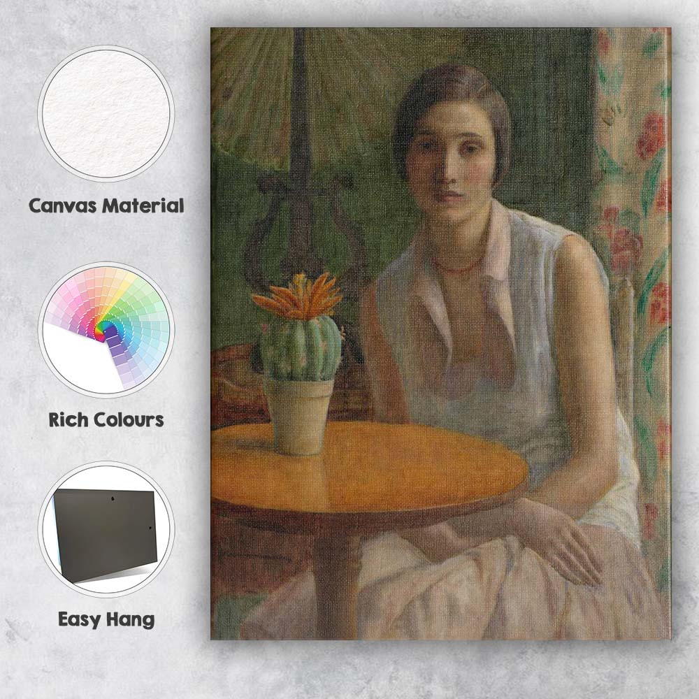 Elegant Seated Woman With Cactus Interior Portrait Painting Canvas Wall Art Print Decor Picture Ready to Hang