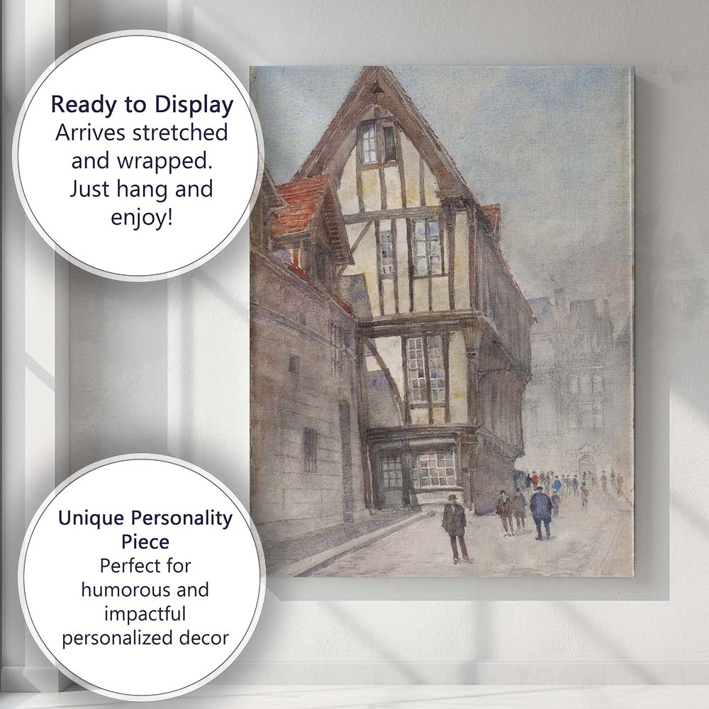 Old European Timber Framed Street Watercolour Cityscape Canvas Wall Art Print Decor Picture Ready to Hang