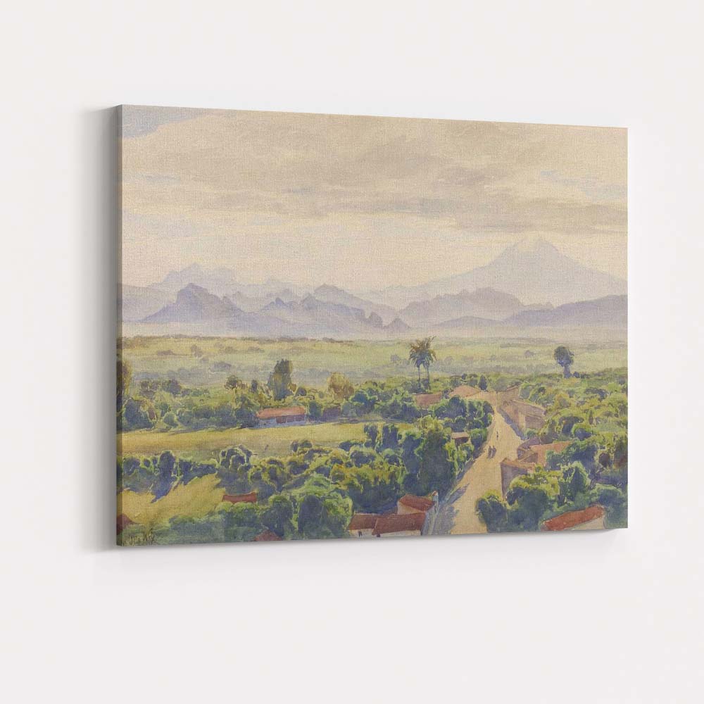 Panoramic Mountain Valley Tropical Countryside Watercolour Landscape Canvas Wall Art Print Decor Picture Ready to Hang