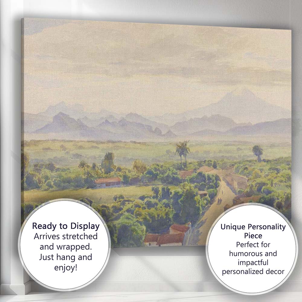 Panoramic Mountain Valley Tropical Countryside Watercolour Landscape Canvas Wall Art Print Decor Picture Ready to Hang