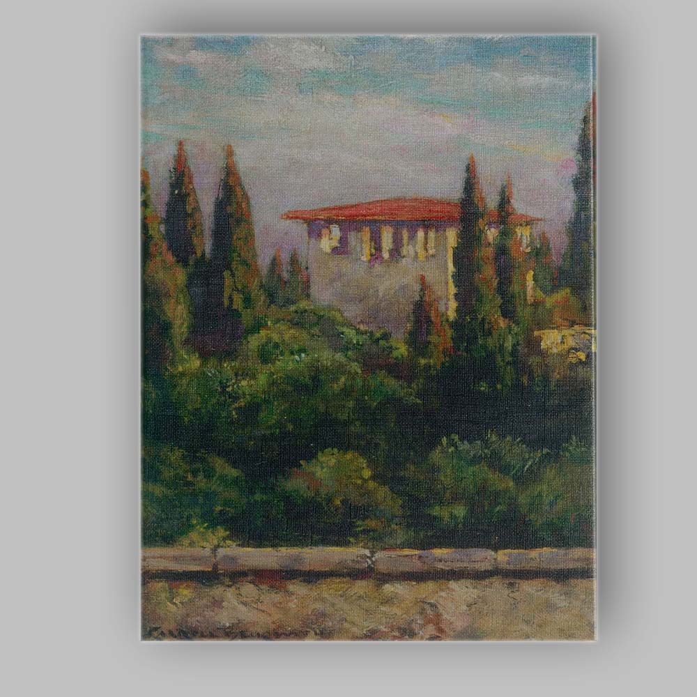 Mediterranean Villa Cypress Trees Impressionist Garden Painting Canvas Wall Art Print Decor Picture Ready to Hang