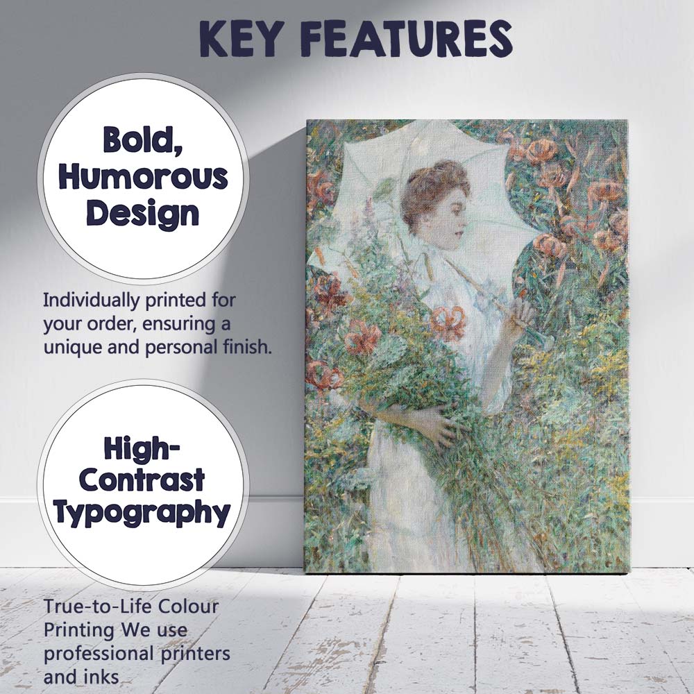 Elegant Woman With Parasol Wildflower Garden Impressionist Portrait Canvas Wall Art Print Decor Picture Ready to Hang