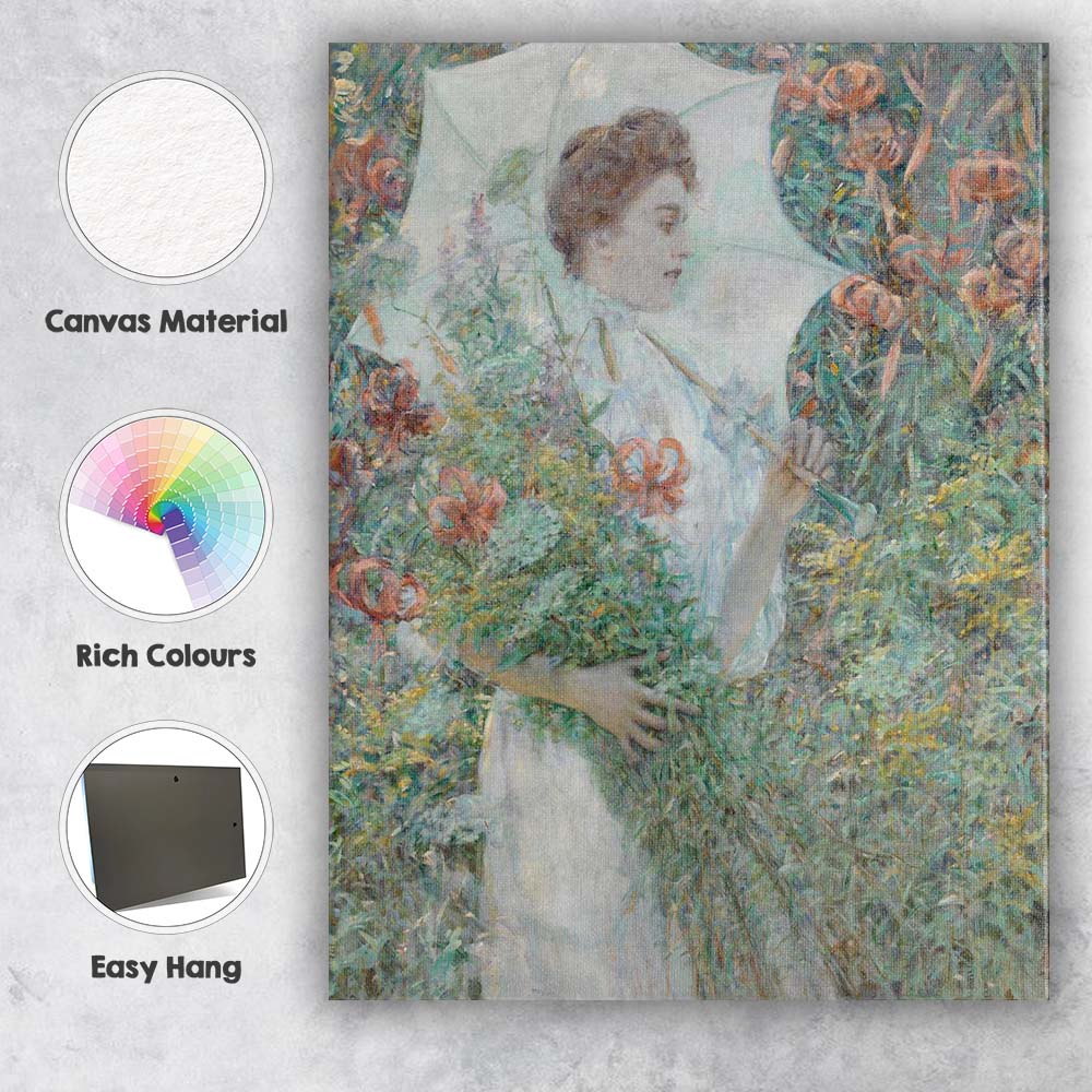 Elegant Woman With Parasol Wildflower Garden Impressionist Portrait Canvas Wall Art Print Decor Picture Ready to Hang